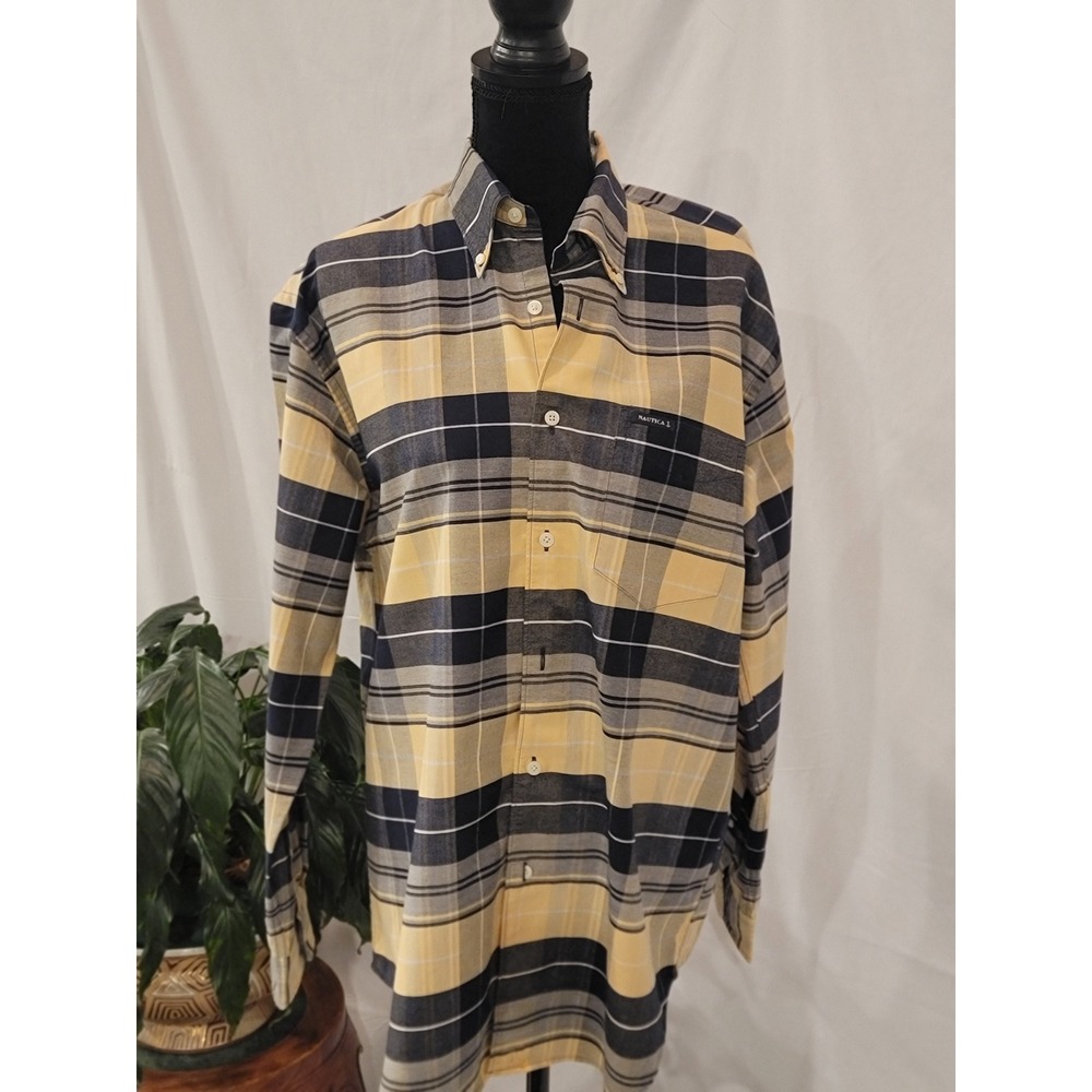 Nautica Mens Yellow Navy Blue Plaid Button Down Long Sleeve Shirt Medium
